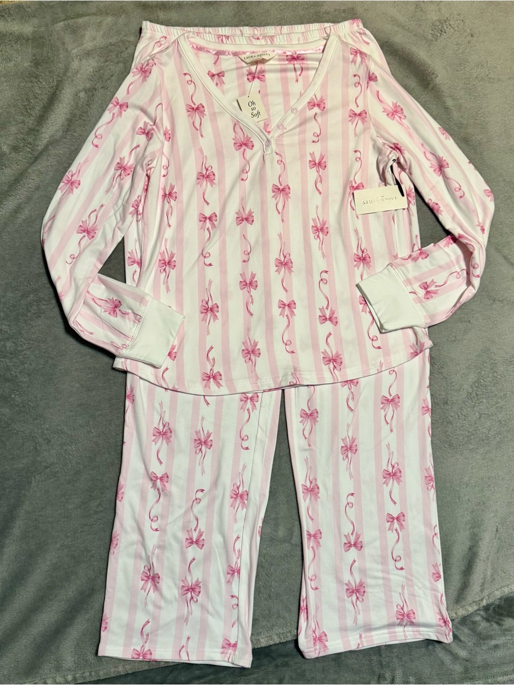 Laura Ashley Women’s Pink & White Striped Bow-Print Pajama Set Size S NWT